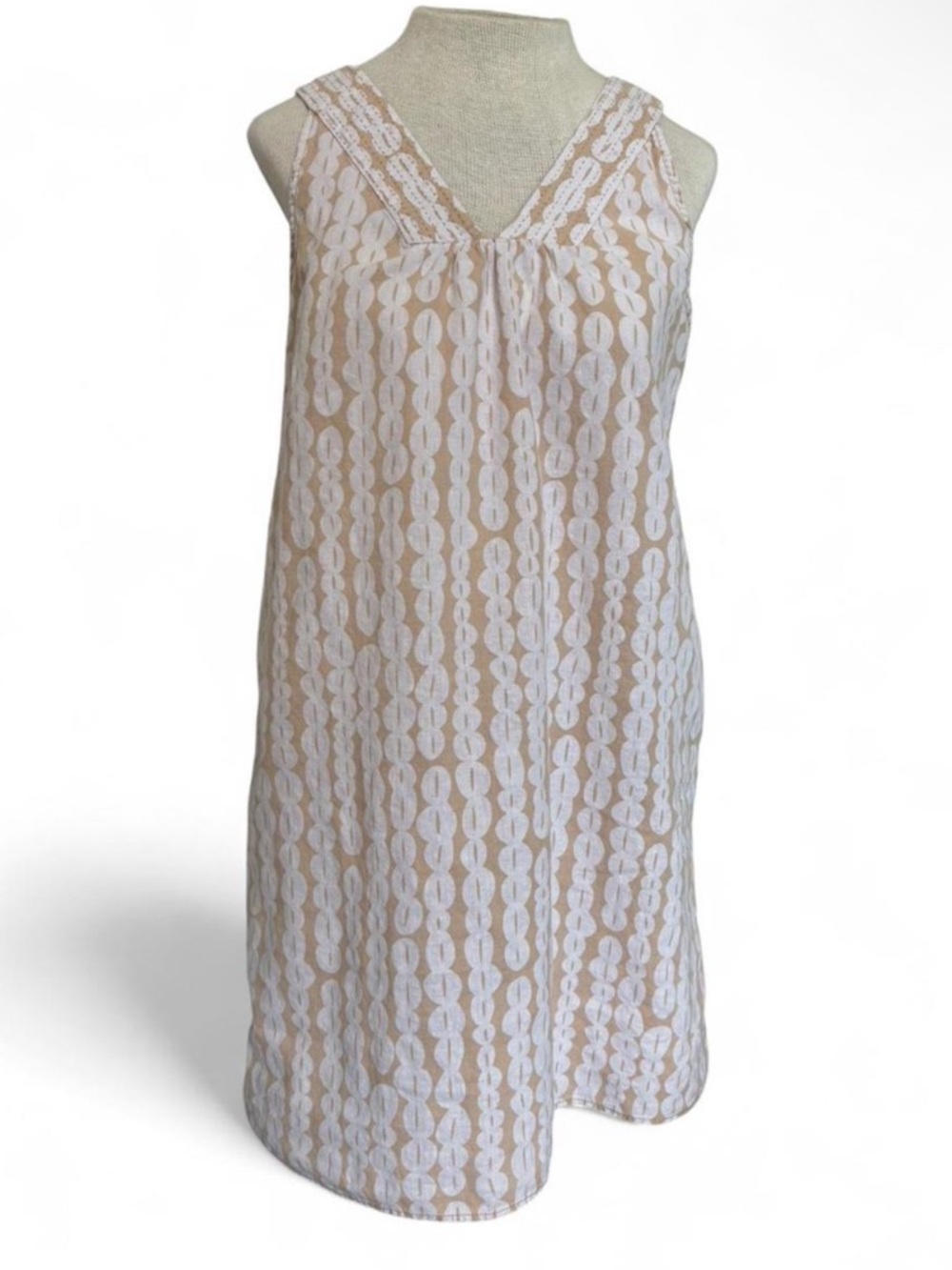 Y2K Old Navy Linen/Cotton Tan and White Patterned Shift Dress